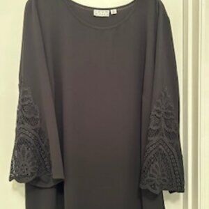 Joan Rivers Textured Top with Woven Lace on Bell Sleeves -  Black 2X